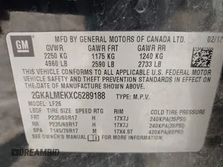 2012 GMC Terrain SLE-1 with VIN 2GKALMEKXC6289188, listed as a IAAI auction lot 42049598 with 244,072 mi miles and . Bid and sale history available at carsss.com. Image 8.