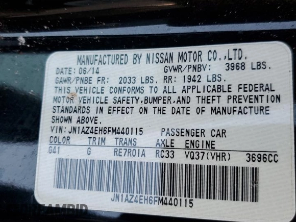 2015 Nissan 370Z Sport with VIN JN1AZ4EH6FM440115, listed as a Copart auction lot 42499435 with 0 mi miles and Salvage Title. Bid and sale history available at carsss.com. Image 12.