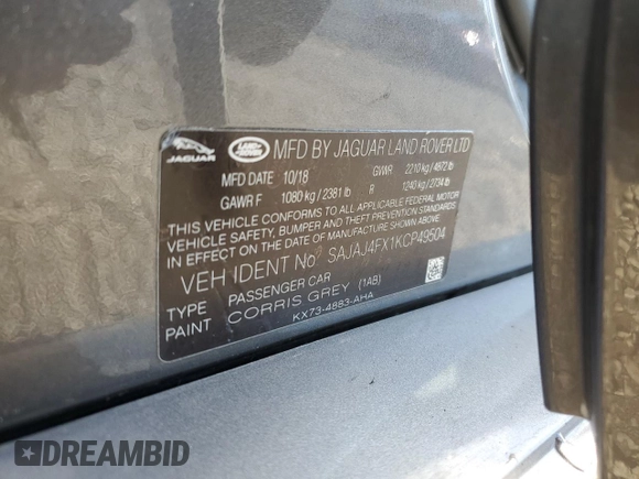 2019 Jaguar XE 25t Premium with VIN SAJAJ4FX1KCP49504, listed as a Copart auction lot 86698644 with 0 mi miles and Salvage Title. Bid and sale history available at carsss.com. Image 14.