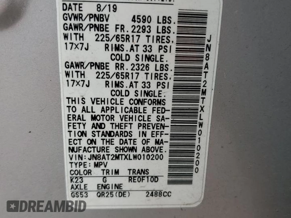 2020 Nissan Rogue SV with VIN JN8AT2MTXLW010200, listed as a Copart auction lot 50730035 with 121,748 mi miles and Salvage Title. Bid and sale history available at carsss.com. Image 13.