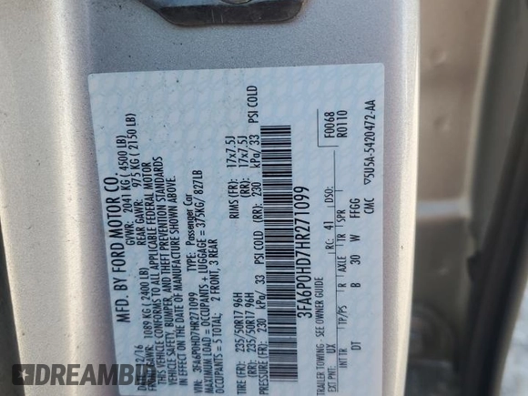 2017 Ford Fusion SE with VIN 3FA6P0HD7HR271099, listed as a Copart auction lot 58903005 with 103,507 mi miles and Clean title. Bid and sale history available at DreamBid. Image 12.