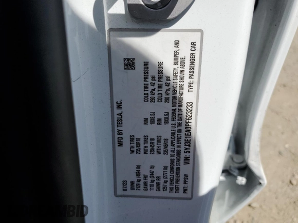 2023 Tesla Model 3 with VIN 5YJ3E1EA0PF623233, listed as a Copart auction lot 55781355 with 26,301 mi miles and Salvage title. Bid and sale history available at DreamBid. Image 12.