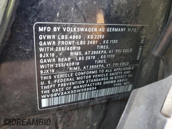 2013 Volkswagen Tiguan SEL with VIN WVGBV3AX3DW058934, listed as a Copart auction lot 44268365 with 112,453 mi miles and Salvage Title. Bid and sale history available at DreamBid. Image 15.