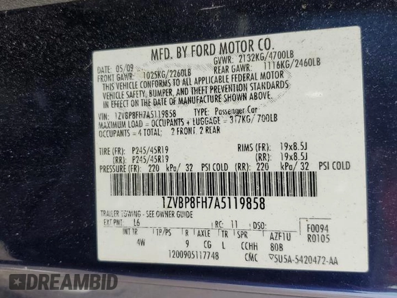 2010 Ford Mustang GT with VIN 1ZVBP8FH7A5119858, listed as a Copart auction lot 60839275 with 118,520 mi miles and Salvage title. Bid and sale history available at DreamBid. Image 12.