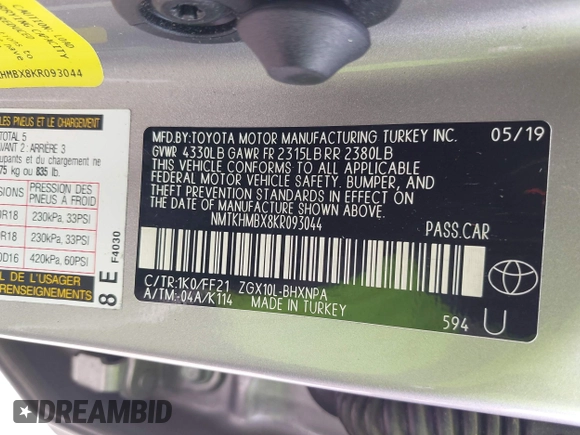 2019 Toyota C-HR XLE with VIN NMTKHMBX8KR093044, listed as a IAAI auction lot 41939036 with 60,130 mi miles. Bid and sale history available at carsss.com. Image 9.