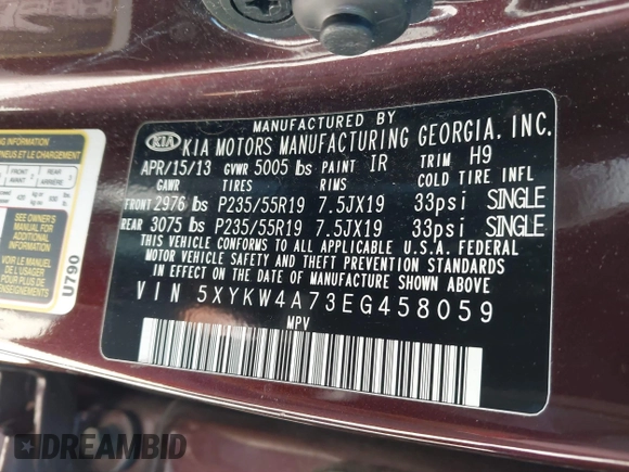 2014 Kia Sorento SX with VIN 5XYKW4A73EG458059, listed as a IAAI auction lot 41860159 with 140,644 mi miles. Bid and sale history available at carsss.com. Image 9.