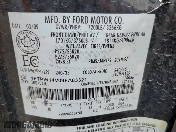2009 Ford F-150 XL z VIN 1FTPW14V09FA83321, wystawiony jako Copart lot #52764945 z przebiegiem 351 723 mil mil oraz Szkoda całkowita • Salvage title. Historia ofert i sprzedaży dostępna na DreamBid. Obrazek 14.