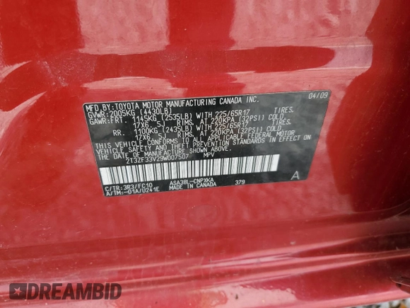 2009 Toyota RAV4 with VIN 2T3ZF33V29W007507, listed as a Copart auction lot 56871855 with 179,196 mi miles and Clean Title. Bid and sale history available at DreamBid. Image 13.