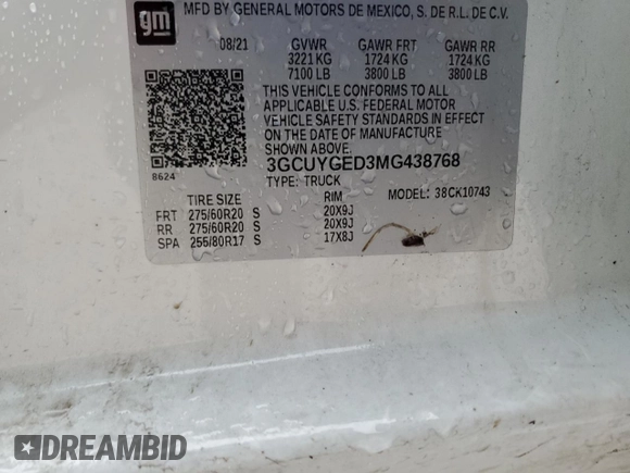 2021 Chevrolet Silverado 1500 LTZ with VIN 3GCUYGED3MG438768, listed as a Copart auction lot 41917335 with 52,634 mi miles and Salvage Title. Bid and sale history available at DreamBid. Image 12.