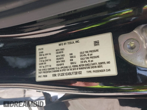2020 Tesla Model 3 Standard Range Plus z VIN 5YJ3E1EA9LF738102, wystawiony jako IAAI lot #42107744 z przebiegiem 73 294 mil mil oraz . Historia ofert i sprzedaży dostępna na DreamBid. Obrazek 9.