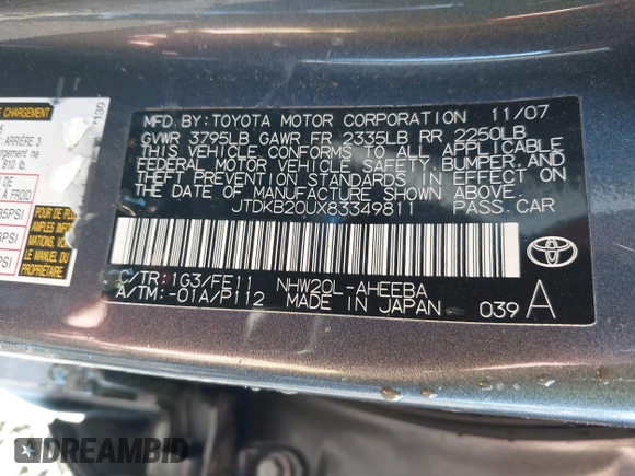 2008 Toyota Prius with VIN JTDKB20UX83349811, listed as a IAAI auction lot 41337180 with 96,547 mi miles. Bid and sale history available at carsss.com. Image 9.