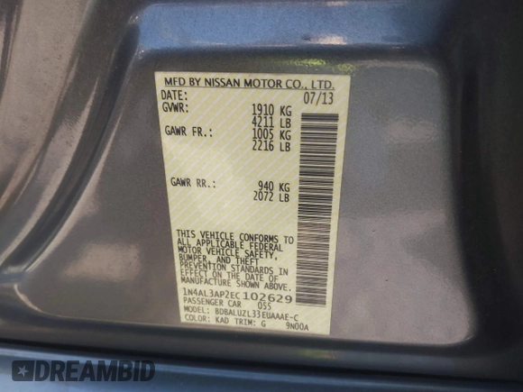 2014 Nissan Altima S with VIN 1N4AL3AP2EC102629, listed as a IAAI auction lot 41783968 with 59,288 mi miles and . Bid and sale history available at DreamBid. Image 9.