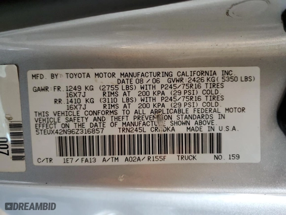 2006 Toyota Tacoma with VIN 5TEUX42N96Z316857, listed as a Copart auction lot 45098705 with 169,813 mi miles and Salvage Title. Bid and sale history available at carsss.com. Image 12.