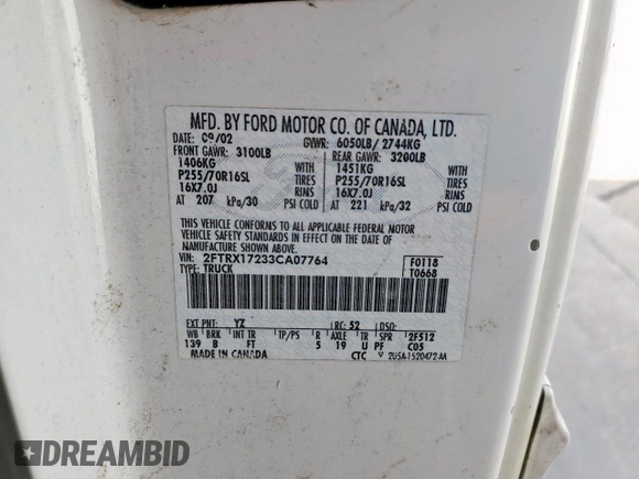 2003 Ford F-150 XL with VIN 2FTRX17233CA07764, listed as a Copart auction lot 66994195 with Not provided miles and Clean title. Bid and sale history available at DreamBid. Image 12.