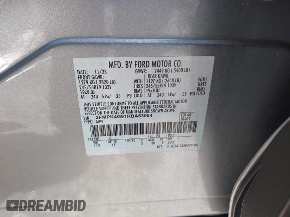 2024 Ford Edge SE with VIN 2FMPK4G91RBA63054, listed as a IAAI auction lot 41973609 with 14,707 mi miles and . Bid and sale history available at DreamBid. Image 9.