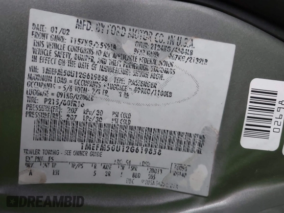 2002 Mercury Sable GS z VIN 1MEFM50U12G619858, wystawiony jako IAAI lot #42207058 z przebiegiem 158 183 mil mil oraz . Historia ofert i sprzedaży dostępna na DreamBid. Obrazek 9.