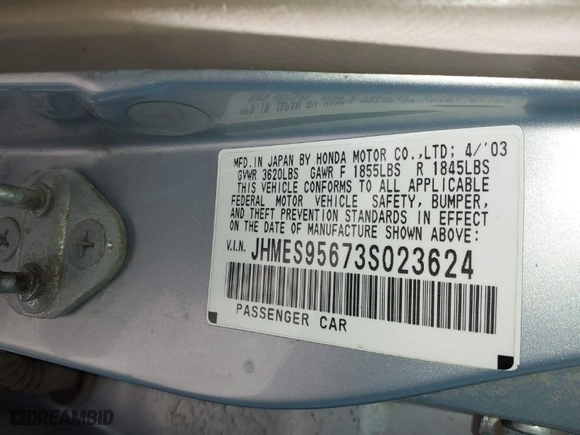 2003 Honda Civic Hybrid with VIN JHMES95673S023624, listed as a IAAI auction lot 41903619 with 181,949 mi miles. Bid and sale history available at carsss.com. Image 9.