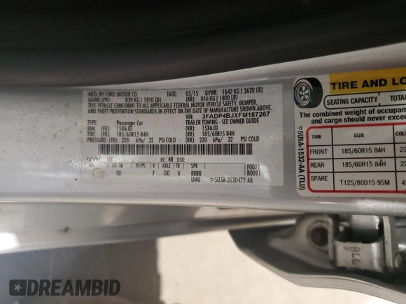 2015 Ford Fiesta SE with VIN 3FADP4BJXFM187267, listed as a Copart auction lot 55017135 with 62,544 mi miles and Salvage Title. Bid and sale history available at DreamBid. Image 12.
