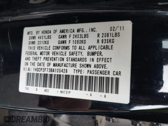 2011 Honda Accord EX with VIN 1HGCP2F73BA105428, listed as a IAAI auction lot 42428353 with 172,191 mi miles and . Bid and sale history available at DreamBid. Image 9.