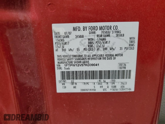 2007 Ford F-150 XLT с VIN 1FTPW12V57KD39041, выставлен на аукционе Copart как лот 62339095 с пробегом 171 685 миль миль и Списание • Salvage title. История ставок и продаж доступна на DreamBid. Изображение 12.