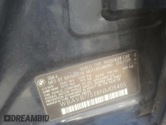 2008 BMW 3 Series 335i with VIN WBAVB77538NM05405, listed as a Copart auction lot 46703755 with 0 mi miles and Salvage Title. Bid and sale history available at carsss.com. Image 14.