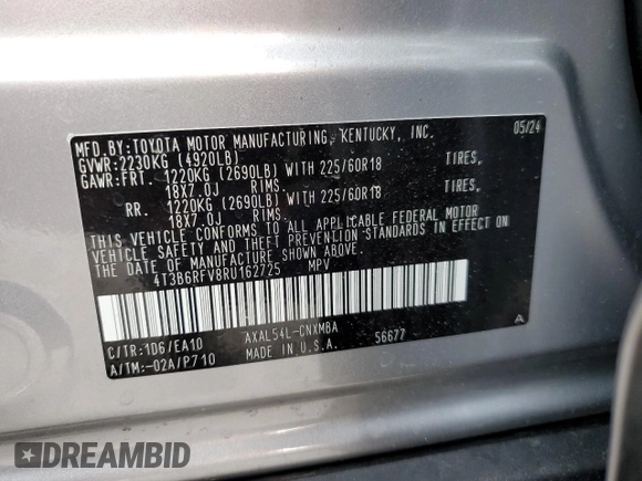 2024 Toyota RAV4 Hybrid XLE Premium with VIN 4T3B6RFV8RU162725, listed as a Copart auction lot 53995045 with 7,293 mi miles and Salvage Title. Bid and sale history available at carsss.com. Image 14.