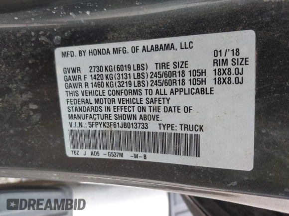 2018 Honda Ridgeline RTL-T with VIN 5FPYK3F61JB013733, listed as a IAAI auction lot 42548122 with 92,407 mi miles and . Bid and sale history available at DreamBid. Image 9.