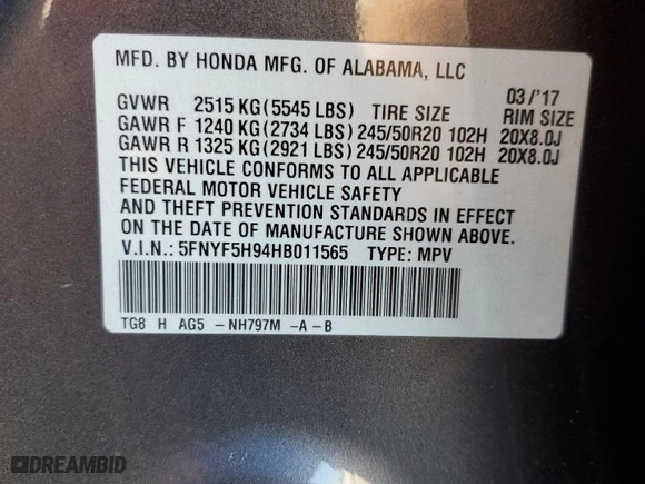 2017 Honda Pilot Touring with VIN 5FNYF5H94HB011565, listed as a Copart auction lot 47035975 with 0 mi miles and Salvage Title. Bid and sale history available at carsss.com. Image 14.
