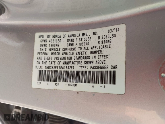 2014 Honda Accord Sport with VIN 1HGCR2F57EA189251, listed as a IAAI auction lot 42053225 with 161,634 mi miles and . Bid and sale history available at DreamBid. Image 9.
