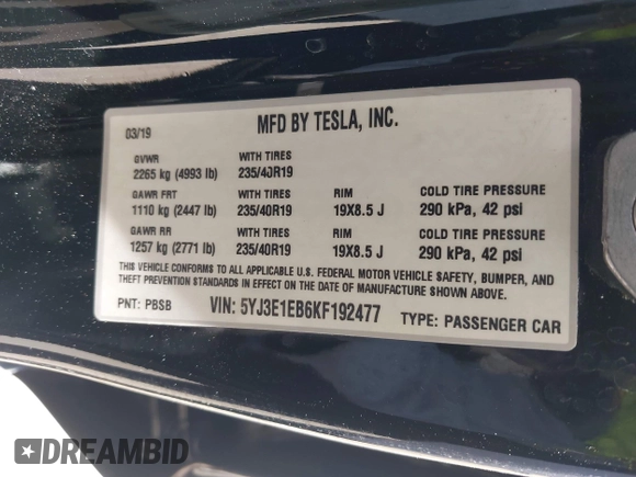 2019 Tesla Model 3 Long Range with VIN 5YJ3E1EB6KF192477, listed as a IAAI auction lot 41981600 with 62,888 mi miles. Bid and sale history available at carsss.com. Image 9.