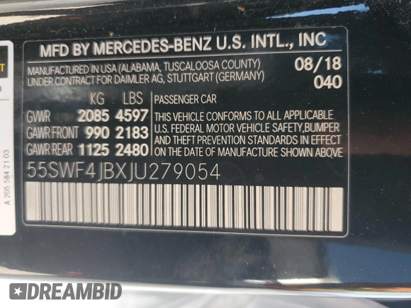 2018 Mercedes-Benz C with VIN 55SWF4JBXJU279054, listed as a Copart auction lot 66615364 with 66,109 mi miles and Salvage Title. Bid and sale history available at carsss.com. Image 15.