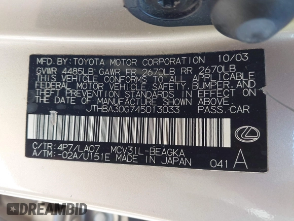 2004 Lexus ES 350 with VIN JTHBA30G745013033, listed as a IAAI auction lot 41597278 with 123,780 mi miles and . Bid and sale history available at DreamBid. Image 9.