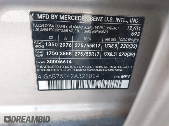2002 Mercedes-Benz M 320/430/500 with VIN 4JGAB75E42A322824, listed as a IAAI auction lot 41871249 with 203,845 mi miles and . Bid and sale history available at carsss.com. Image 9.