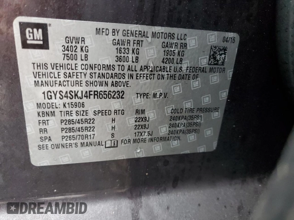 2015 Cadillac Escalade ESV Luxury z VIN 1GYS4SKJ4FR656232, wystawiony jako Copart lot #44584255 z przebiegiem 130 066 mil mil oraz Szkoda całkowita • Salvage title. Historia ofert i sprzedaży dostępna na DreamBid. Obrazek 13.