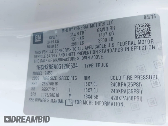 2016 Chevrolet Colorado 2WD WT with VIN 1GCHSBEA0G1266634, listed as a IAAI auction lot 41664775 with 112,735 mi miles and . Bid and sale history available at DreamBid. Image 9.