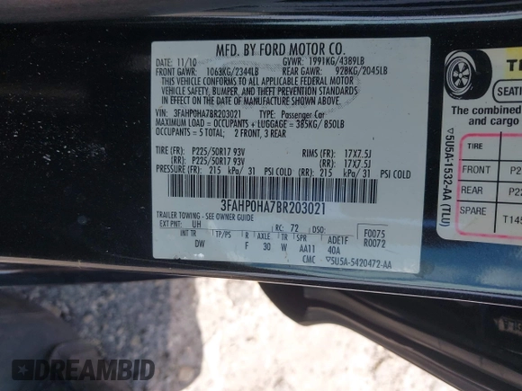 2011 Ford Fusion SE with VIN 3FAHP0HA7BR203021, listed as a IAAI auction lot 42046472 with 155,293 mi miles. Bid and sale history available at carsss.com. Image 9.