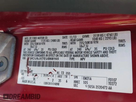 2014 Ford Escape Titanium with VIN 1FMCU9JX7EUB68165, listed as a IAAI auction lot 42141235 with 172,041 mi miles and . Bid and sale history available at DreamBid. Image 9.