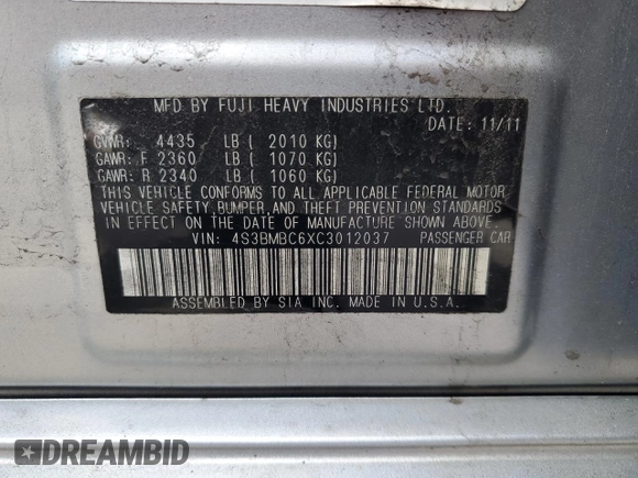 2012 Subaru Legacy Premium z VIN 4S3BMBC6XC3012037, wystawiony jako Copart lot #55500225 z przebiegiem 303 495 mil mil oraz Szkoda całkowita • Salvage title. Historia ofert i sprzedaży dostępna na DreamBid. Obrazek 12.