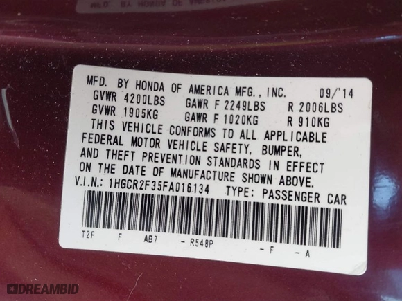 2015 Honda Accord Sedan LX with VIN 1HGCR2F35FA016134, listed as a IAAI auction lot 41745134 with 198,969 mi miles. Bid and sale history available at carsss.com. Image 9.