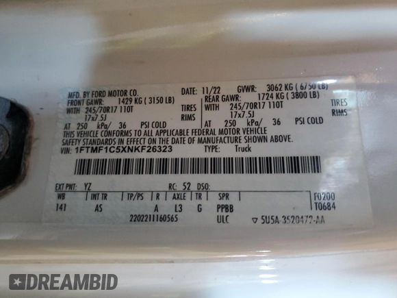 2022 Ford F-150 XL with VIN 1FTMF1C5XNKF26323, listed as a Copart auction lot 60160145 with 43,209 mi miles and Salvage title. Bid and sale history available at DreamBid. Image 12.