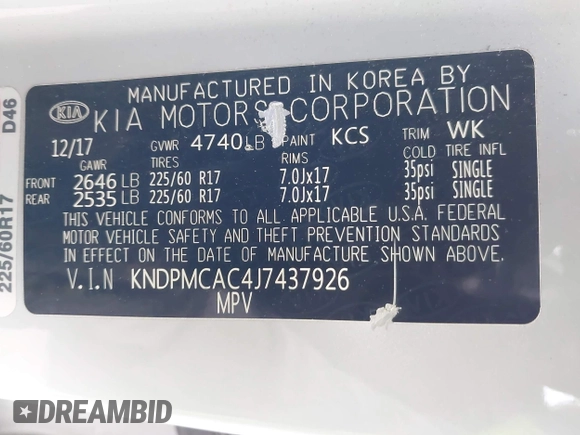 2018 Kia Sportage LX with VIN KNDPMCAC4J7437926, listed as a IAAI auction lot 41968696 with 139,304 mi miles. Bid and sale history available at carsss.com. Image 9.