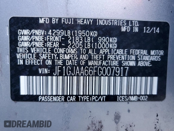 2015 Subaru Impreza z VIN JF1GJAA66FG007917, wystawiony jako Copart lot #46533635 z przebiegiem Nie podano mil oraz Szkoda całkowita • Salvage title. Historia ofert i sprzedaży dostępna na DreamBid. Obrazek 13.