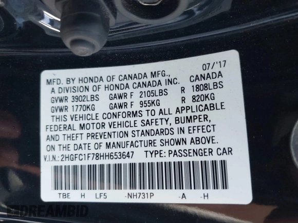 2017 Honda Civic EX-L с VIN 2HGFC1F78HH653647, выставлен на аукционе IAAI как лот 42314095 с пробегом 76 561 миль миль и . История ставок и продаж доступна на DreamBid. Изображение 9.