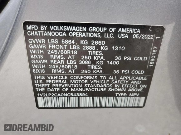2022 Volkswagen Atlas SE z VIN 1V2LP2CA0NC543894, wystawiony jako Copart lot #42043095 z przebiegiem 56 738 mil mil oraz Czysty tytuł • Clean title. Historia ofert i sprzedaży dostępna na DreamBid. Obrazek 13.