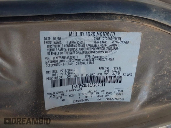 2006 Ford Taurus SE with VIN 1FAFP53U46A209011, listed as a IAAI auction lot 42667062 with 155,033 mi miles and . Bid and sale history available at DreamBid. Image 9.