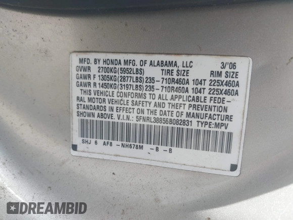 2006 Honda Odyssey Touring с VIN 5FNRL38856B082831, выставлен на аукционе IAAI как лот 42451976 с пробегом 340 990 миль миль и . История ставок и продаж доступна на DreamBid. Изображение 9.