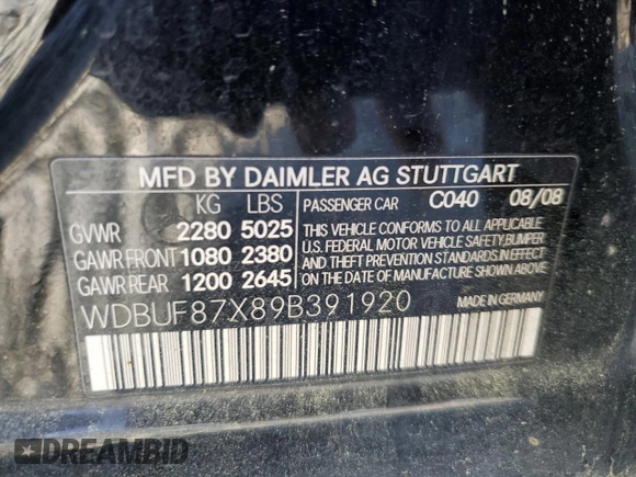 2009 Mercedes-Benz E-Class Luxury 3.5L with VIN WDBUF87X89B391920, listed as a Copart auction lot 54817785 with 189,367 mi miles and Clean Title. Bid and sale history available at carsss.com. Image 12.