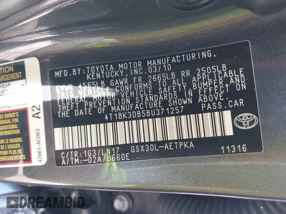 2011 Toyota Avalon with VIN 4T1BK3DB5BU371257, listed as a IAAI auction lot 42543983 with 111,502 mi miles and . Bid and sale history available at DreamBid. Image 9.