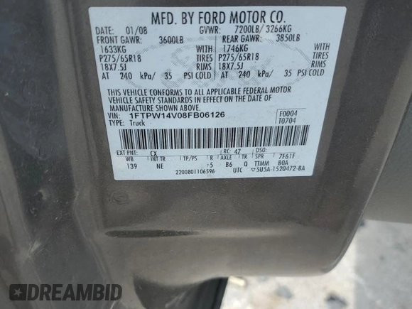 2008 Ford F-150 XLT z VIN 1FTPW14V08FB06126, wystawiony jako Copart lot #60796725 z przebiegiem 172 175 mil mil oraz Szkoda całkowita • Salvage title. Historia ofert i sprzedaży dostępna na DreamBid. Obrazek 13.