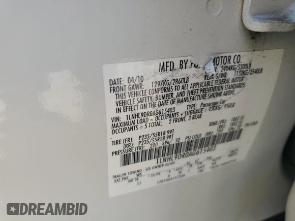 2010 Lincoln MKS with VIN 1LNHL9DR0AG615403, listed as a Copart auction lot 55128235 with 168,209 mi miles and Clean Title. Bid and sale history available at DreamBid. Image 12.